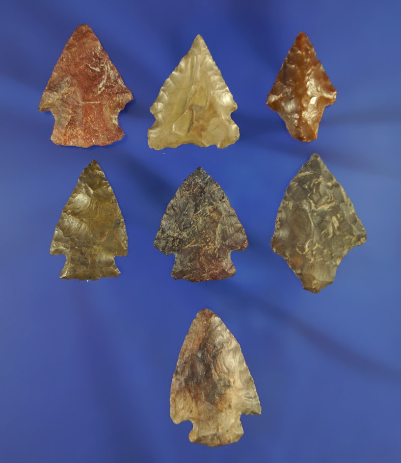 Set of seven assorted arrowheads found in South Dakota in good condition, largest is 1 1/4".