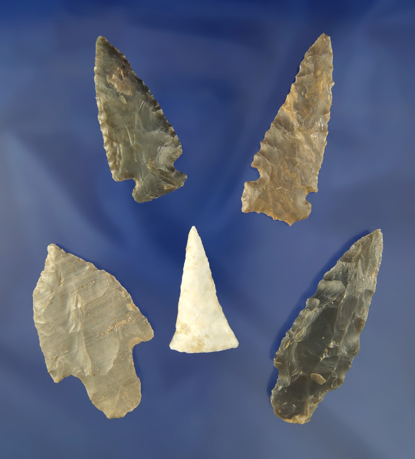 Group of five nice Kentucky Arrowheads, largest is 1 9/16".