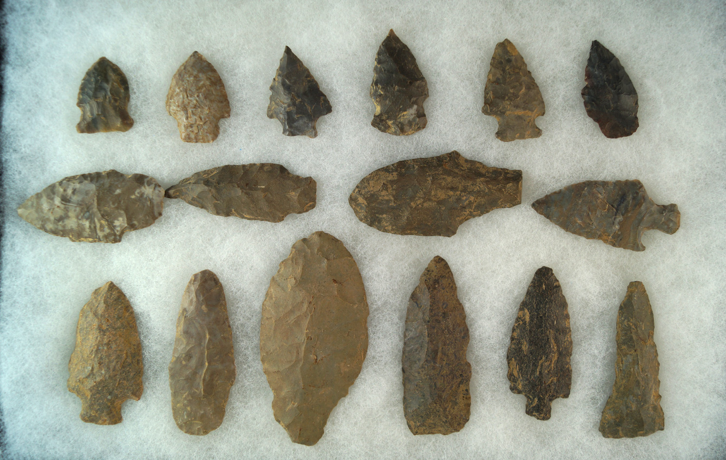 16 assorted Arrowheads and Knives, largest is 3 1/4"  found near the Cumberland, Creelsboro, KY.