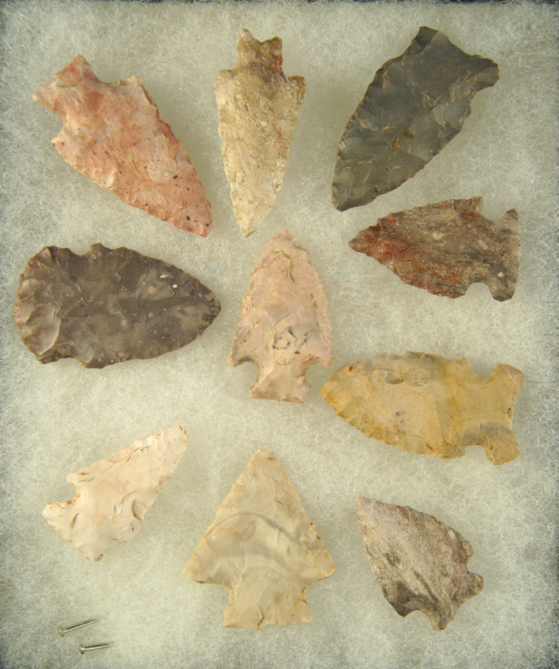 Set of 10 assorted Arrowheads, largest is 1 11/16" found in Pettis Co.,  Missouri.