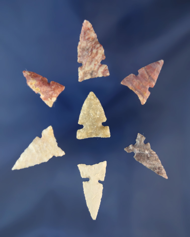 set of seven assorted Sidenotch Bird Points found in Texas, largest is 1 1/8".