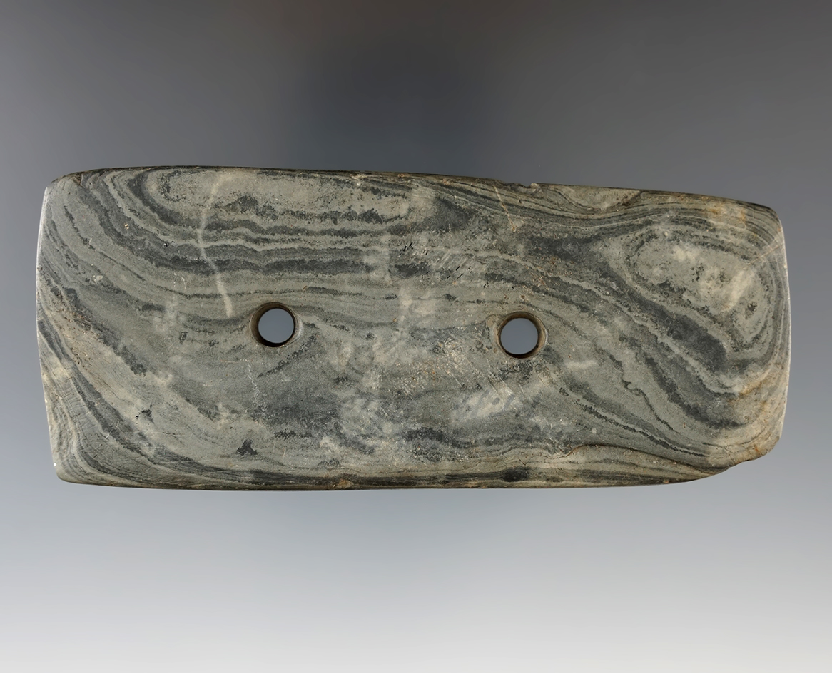 Beautiful material color on this 4 1/4" Banded Slate Rectangular Gorget. Wayne Co., New York.