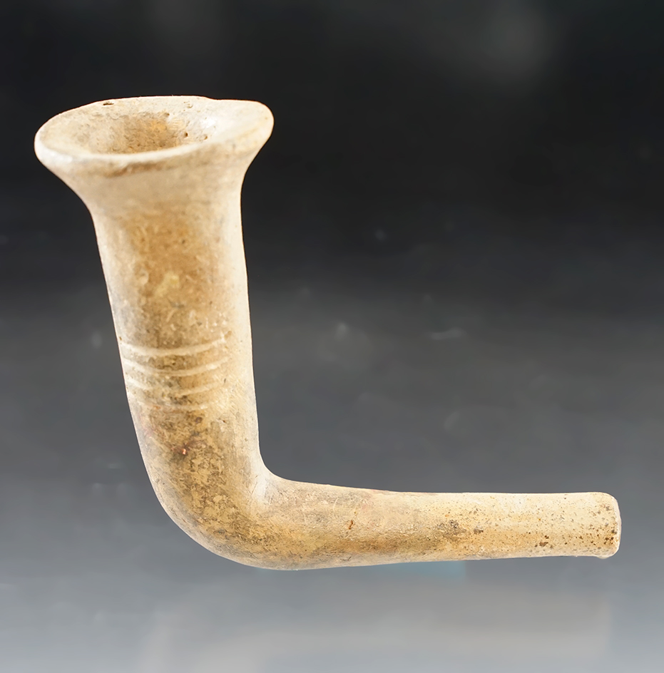 Nice! 3" Long by 3" tall Iroquois Clay Trumpet Pipe broken and mended at the elbow. New York.