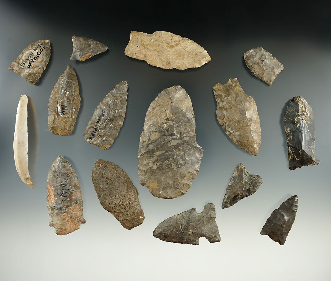 Set of 15 assorted points and knives found in New York, largest is 3".