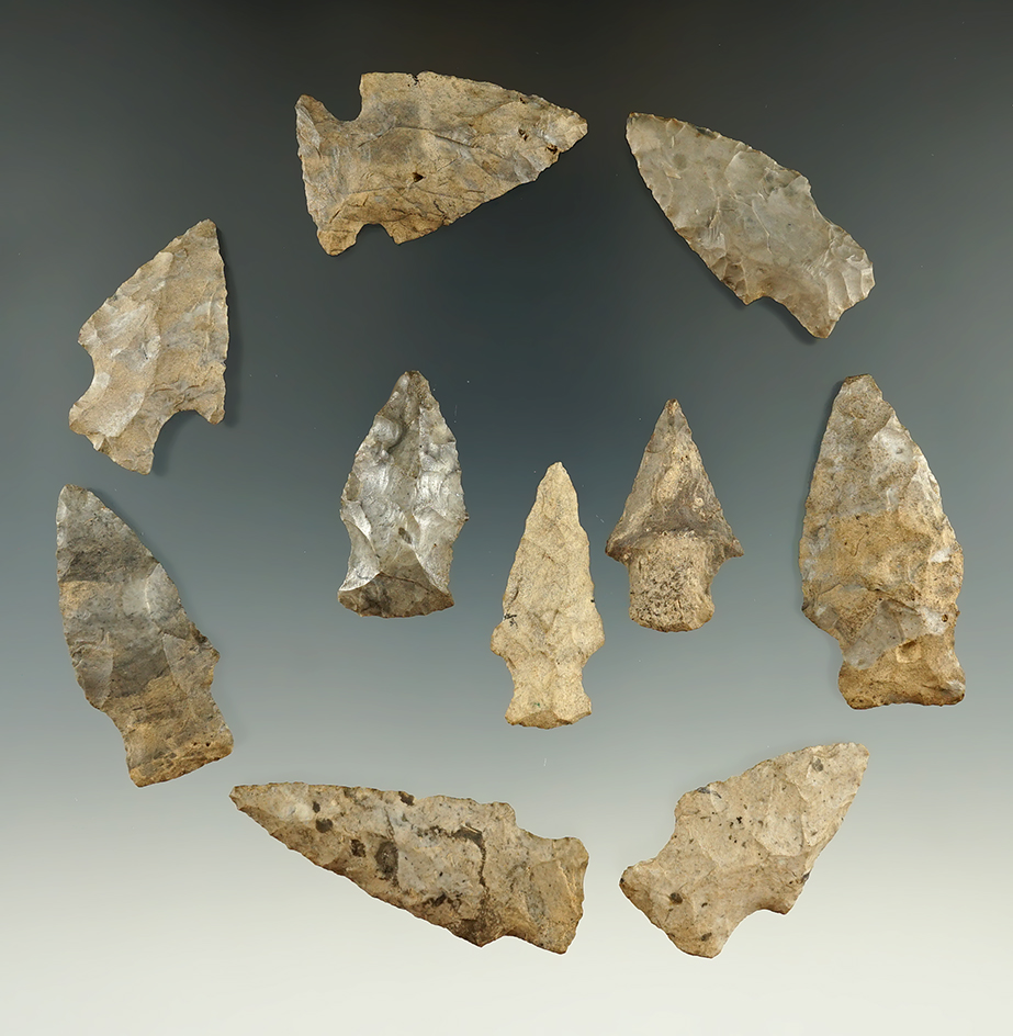 Group of 10 assorted arrowheads found in Belfast, Allegheny Co., New York. Ex. Howdy Lang.