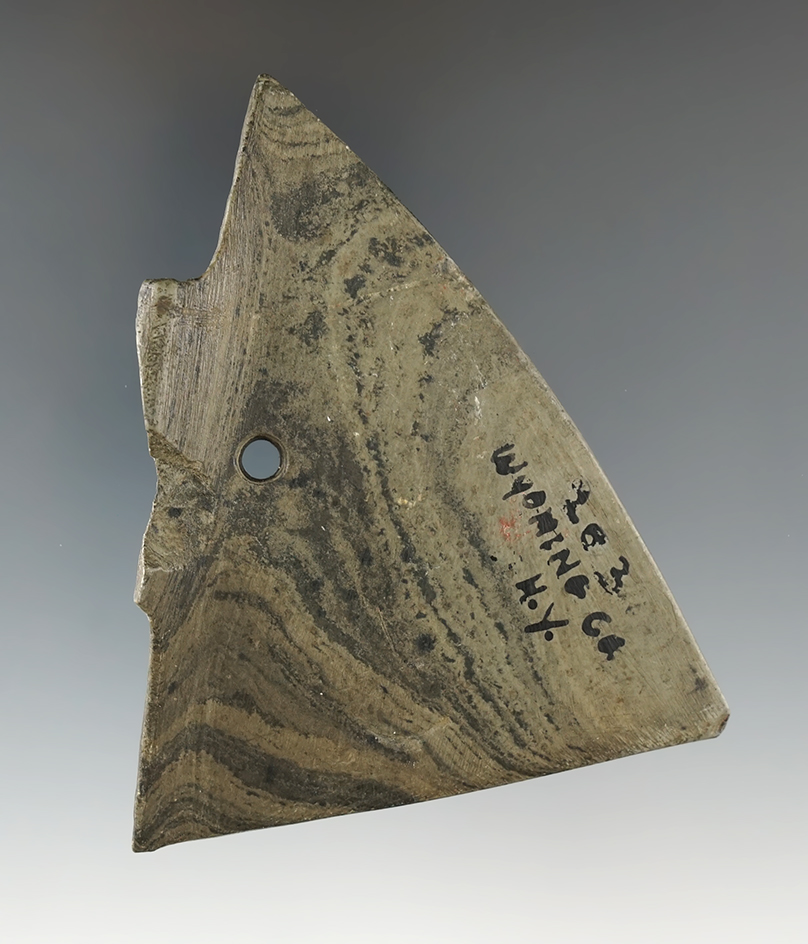 3 9/16" Beautifully made Double Notched Wing Bannerstone half with a drilled hole. New York.