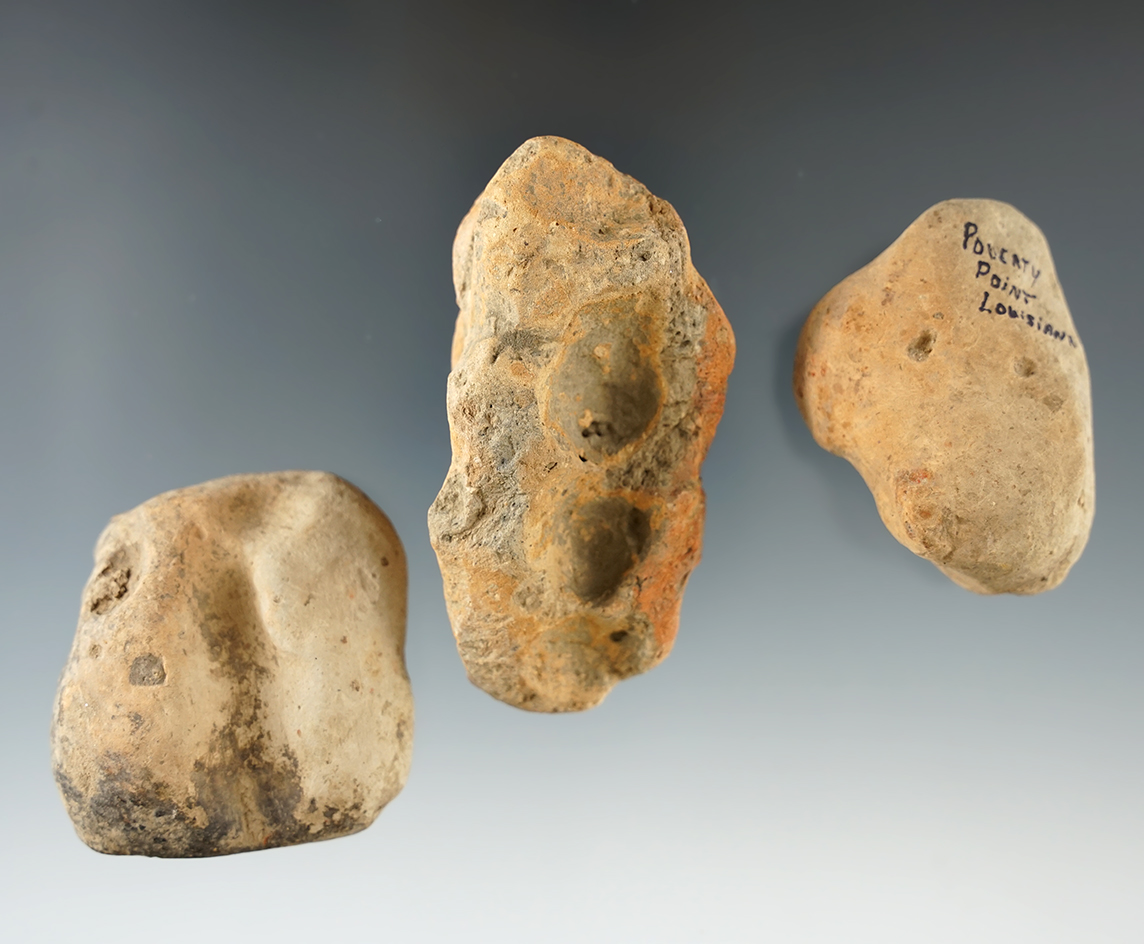 Set of three Poverty Point Clay Cooking Balls found in Louisiana, largest is 3".