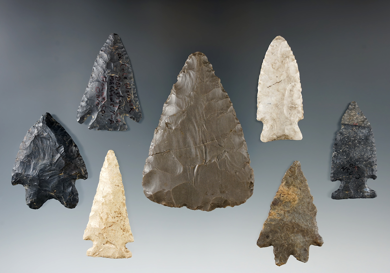 Group of seven assorted Flint artifacts found in Ohio, largest is 3 1/16".