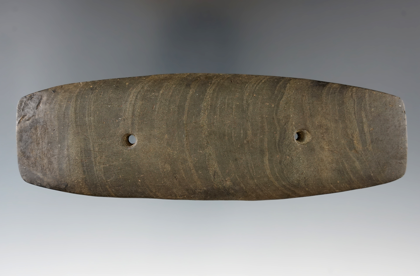 5 5/8" Nicely banded Gorget found in New York with some restoration to one end. Ex. Arthur.