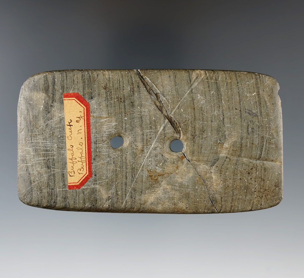 4 1/8" Banded Slate Rectangular Gorget that is broken & glued, found in Buffalo, New York.