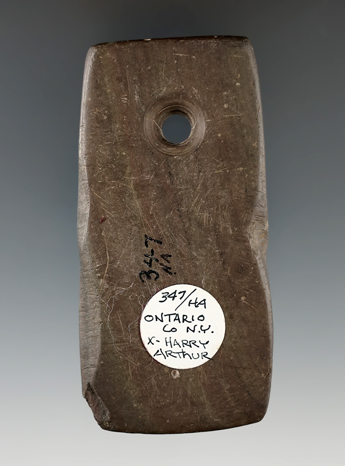 3 1/2" Brown Banded Slate Adena Rectangular Pendant. Ontario Co., New York. Ex. Arthur.