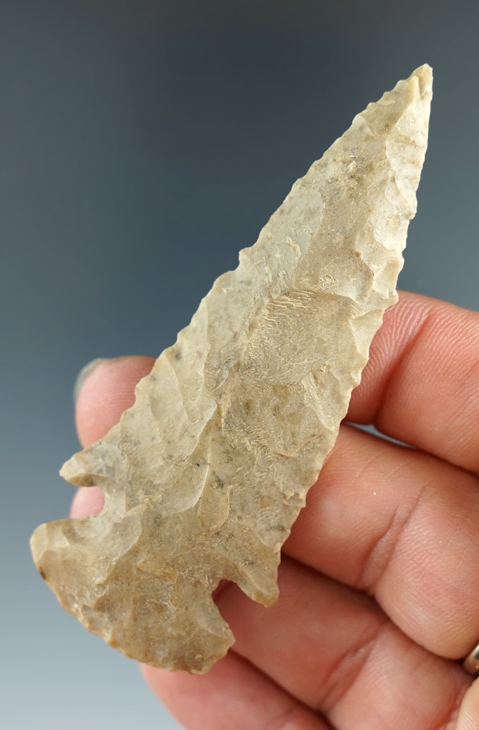 Ex. Museum!  3" Archaic Cornernotch found in Arkansas. Ex. Bob Bell Collection.