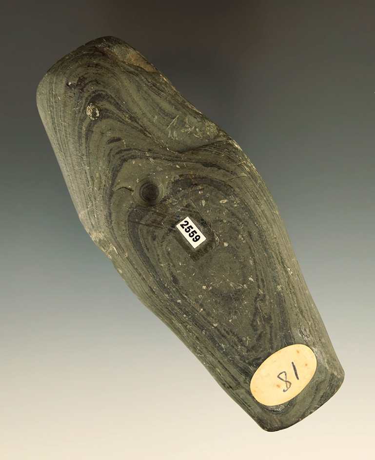 4 3/8" banded slate Expanded Center Gorget found in Ohio. Drilling started, never completed.