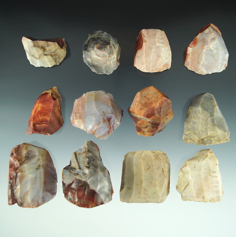 Set of 12 very colorful Flint Ridge Flint Hopewell Cores found in Ohio. Largest is 1 3/4".