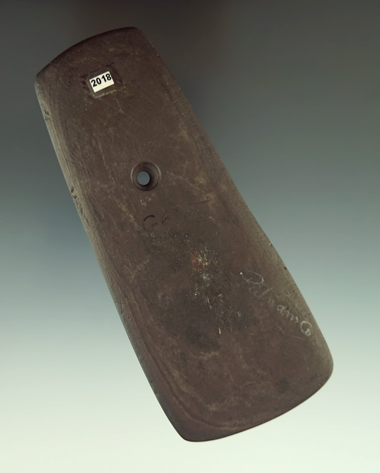 4  13/16" brown banded slate Trapezoidal Pendant found in Putnam Co.,  Indiana. Ex. Tindall