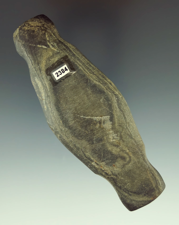 4" green banded slate tie-on Bannerstone found in Fayette Co.,  Indiana.