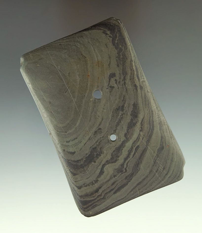 3 3/4" banded slate Quadriconcave Gorget that is nicely engraved found in Licking  Co.,  Ohio.