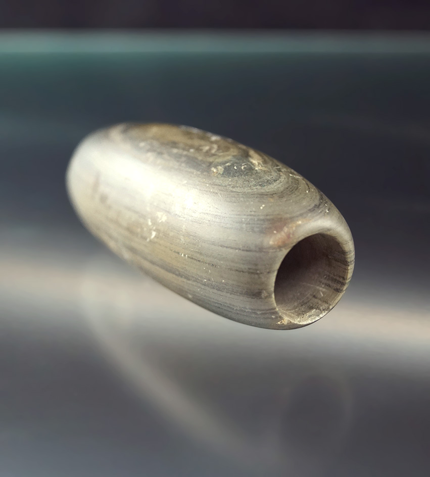 2 7/16" green banded glacial slate Tube Bannerstone found in Allen Co.,  Indiana.