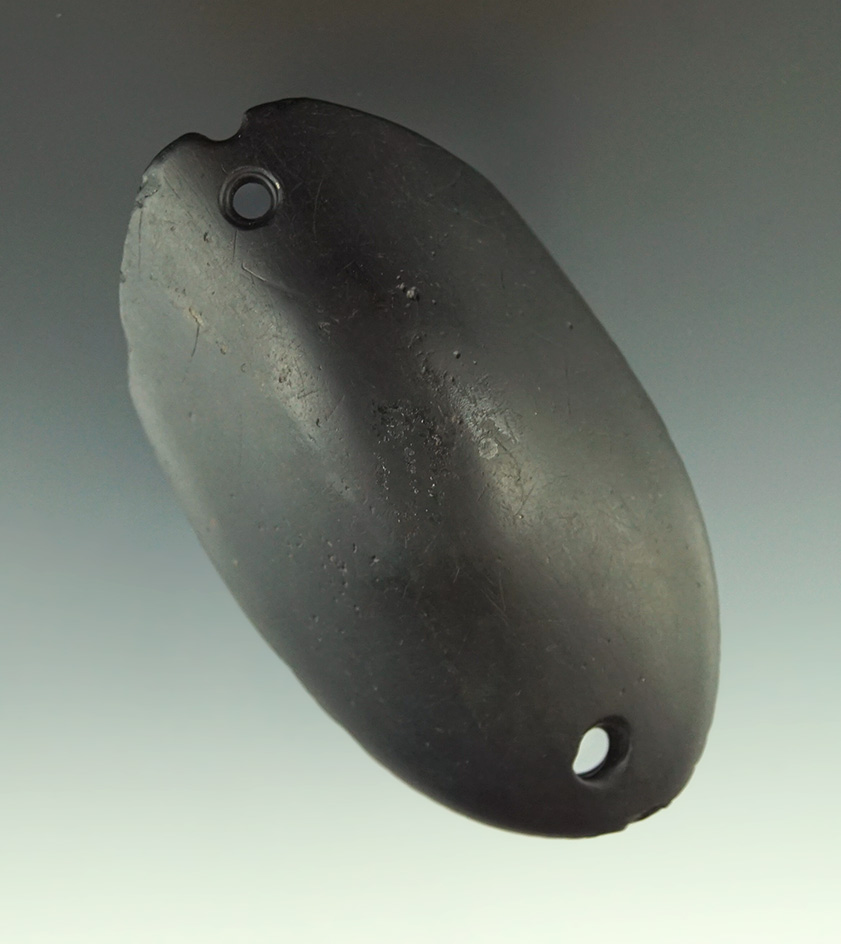 Uniquely styled 3 3/8" Humped Gorget found in Ohio. Anciently salvaged with over 40 tallies.