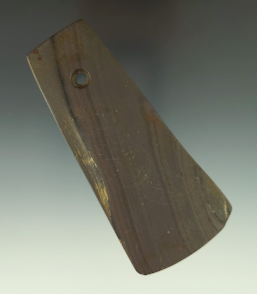 4 3/8" brown banded slate Trapezoidal Pendant found in Ohio.