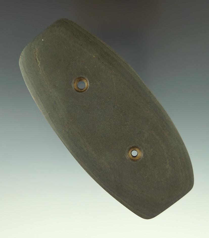 4 5/16" Gorget found in Fayette Co.,  Ohio. Made from nicely banded green glacial slate.