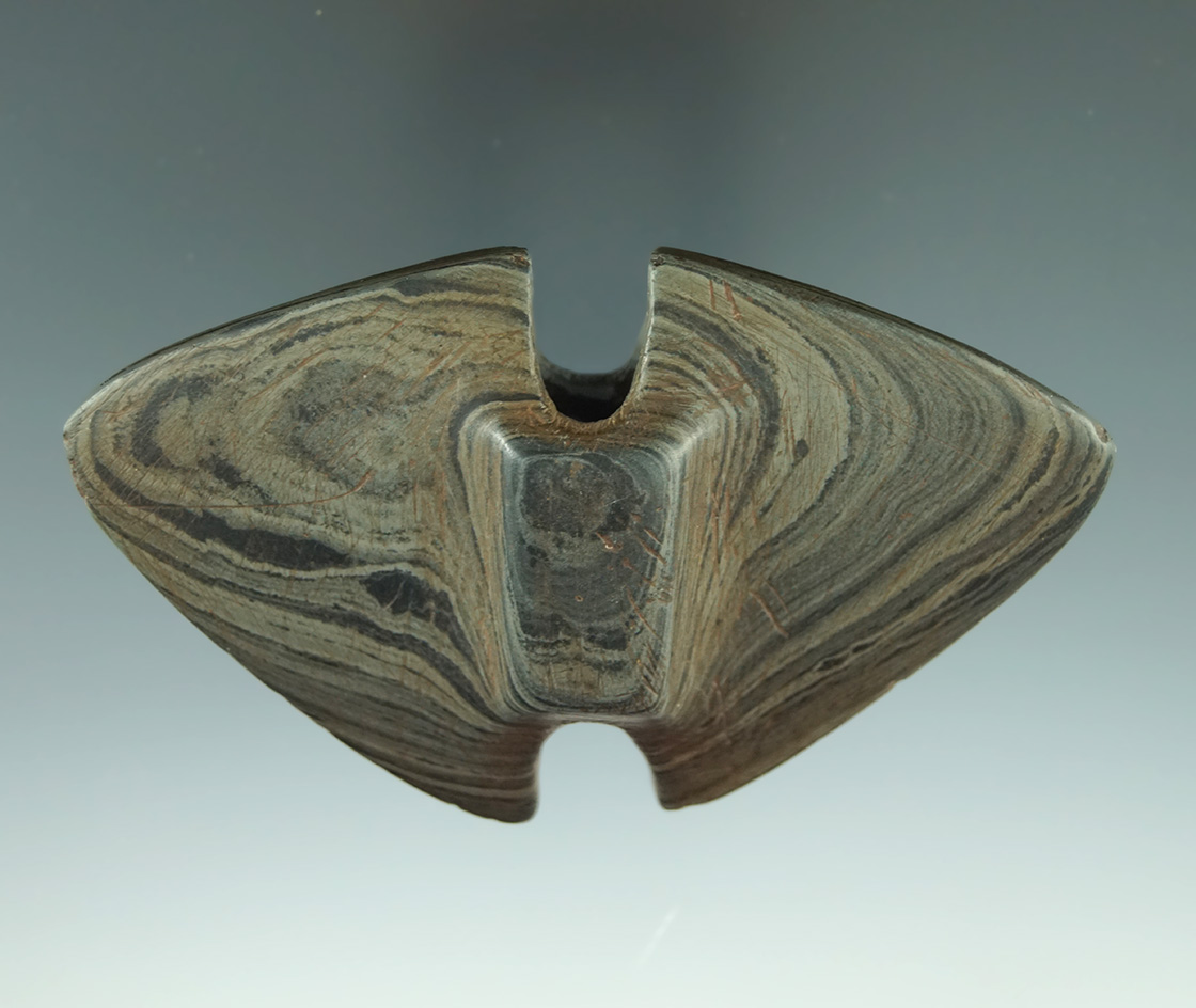 3 11/16" miniature Double Notched Wing Bannerstone  found in Indiana. Pic in Hothem's book.