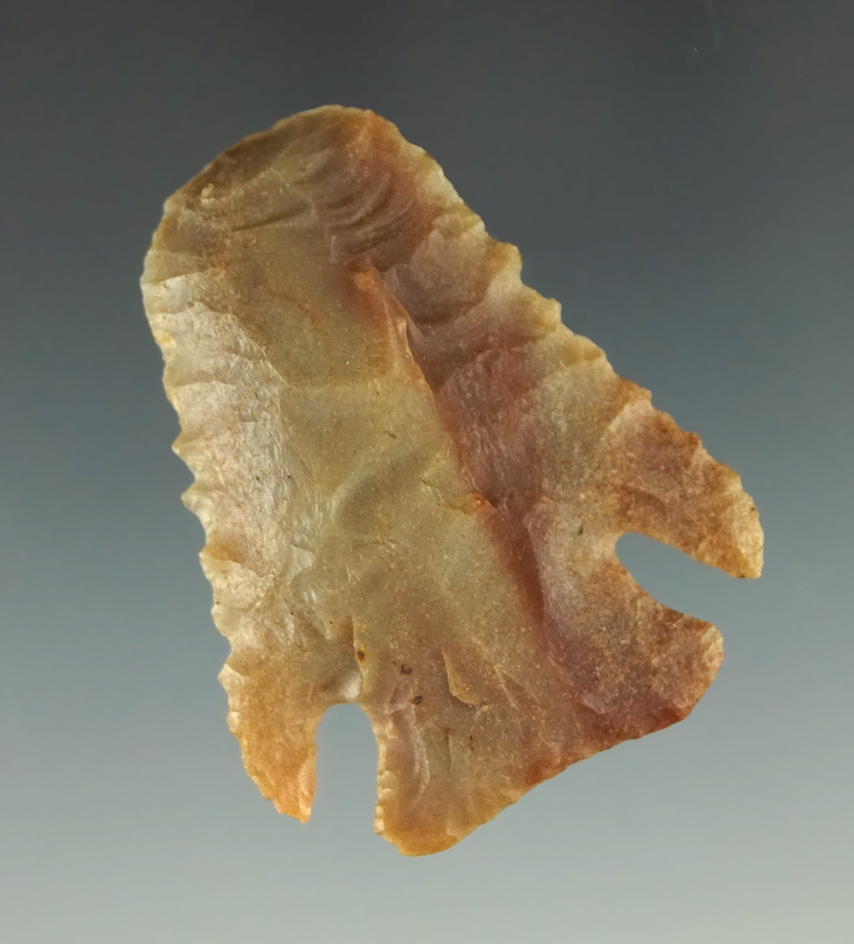 1 3/4" nicely styled hafted scraper made from beautiful Carter Cave Flint found in southern Ohio.