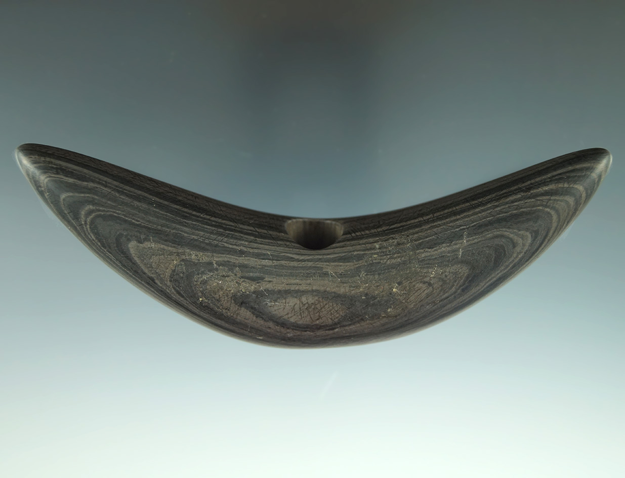 4 3/4" Crescent/Pick Bannerstone found in Darke Co.,  Ohio - nicely banded glacial slate. Ex. Lutz