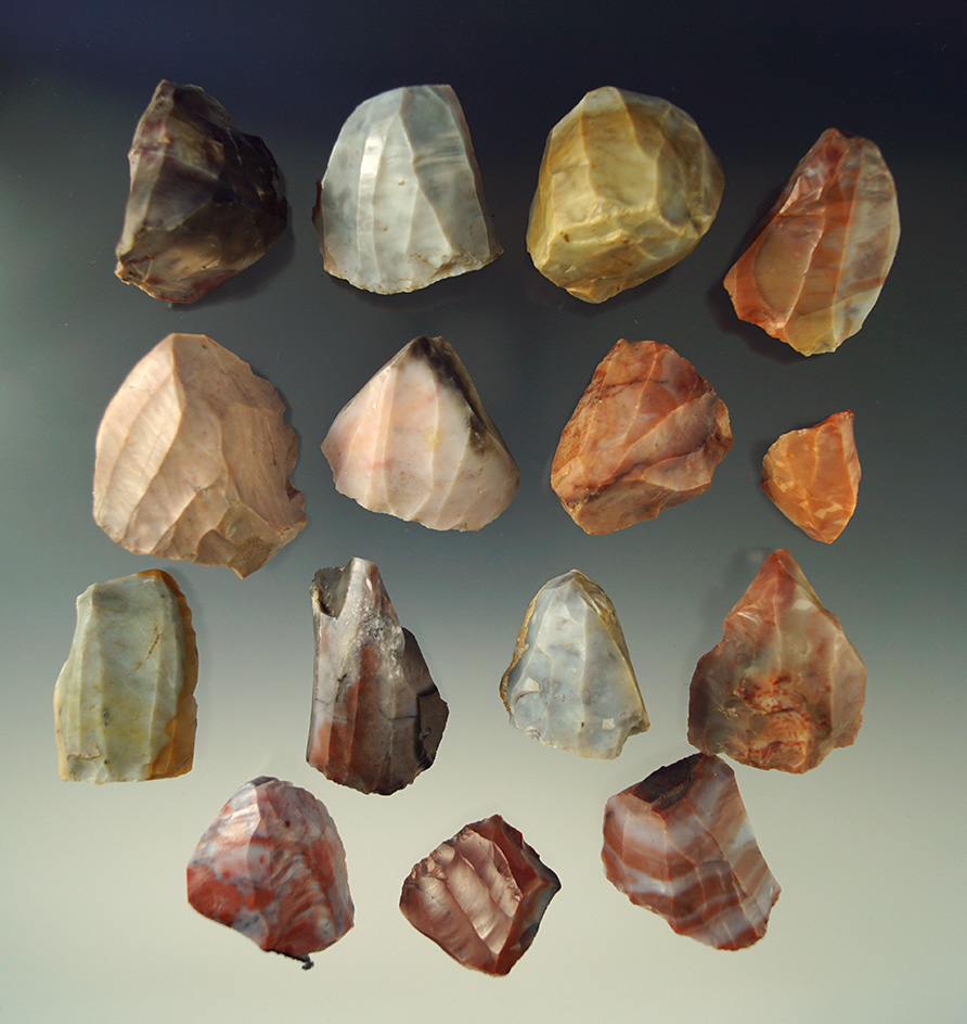 Set of very colorful Hopewell Cores made from Flint Ridge Flint found in Ohio. Largest is 1 3/4".