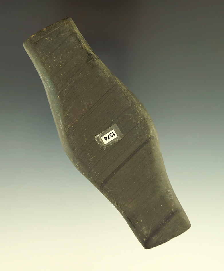 4 11/16" Undrilled expanded center gorget made from slate found in Darke Co.,  Ohio.