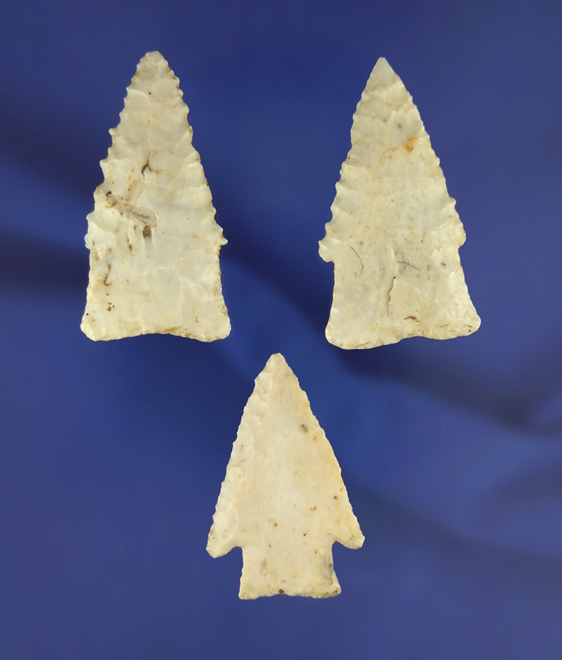 Set of three Hardin points found in Pike Co.,  Illinois. Largest is 1 15/16". Ex. Len Weidner