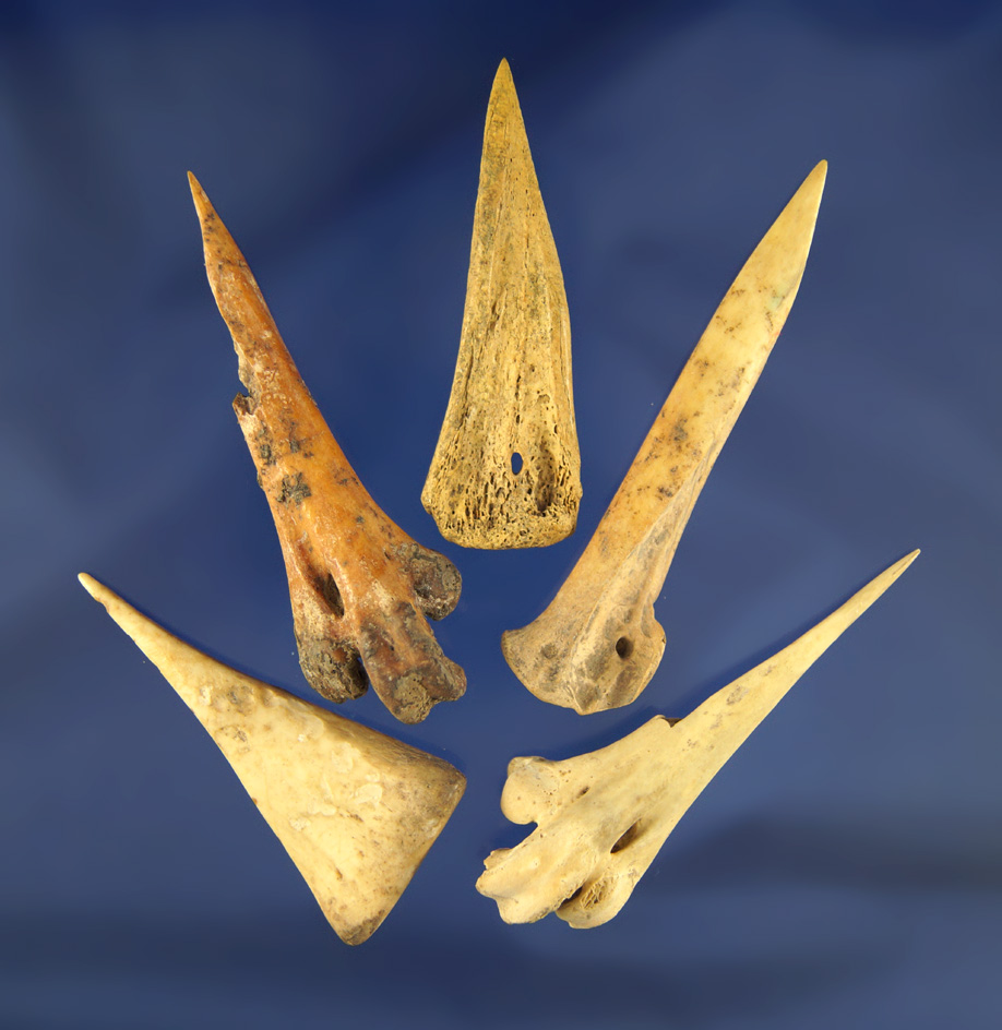 Set of five very nice Bone Awls with good points, largest is 3 3/16" found in Illinois..