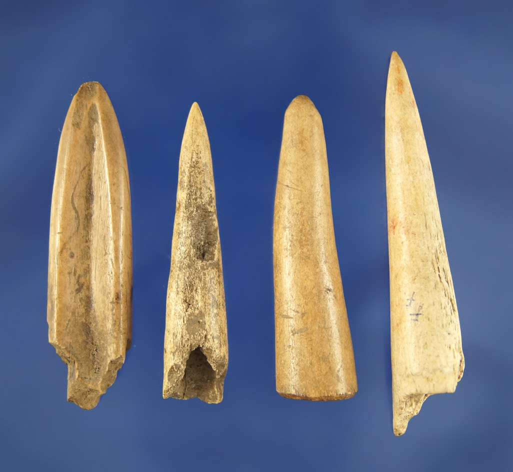 Set of four antler and bone Projectile Points, largest is 1 3/8".
