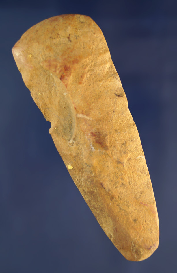 Nicely styled with good use polished, 4" Flint Celt found in Nodena Arkansas, May 14, 1969.