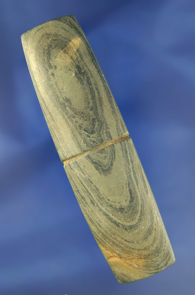 4 3/16" banded slate Bar Weight with a center groove found in Ohio.