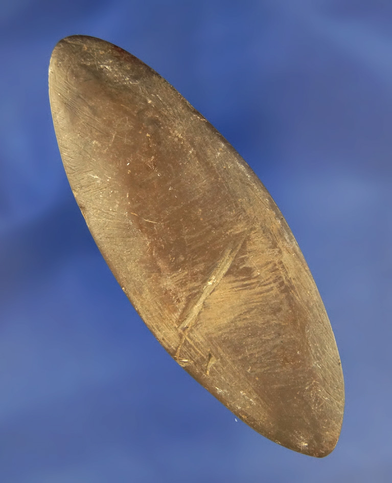 Very unique 3 1/2" brown slate Undrilled Elliptical Gorget that is very well patinated.