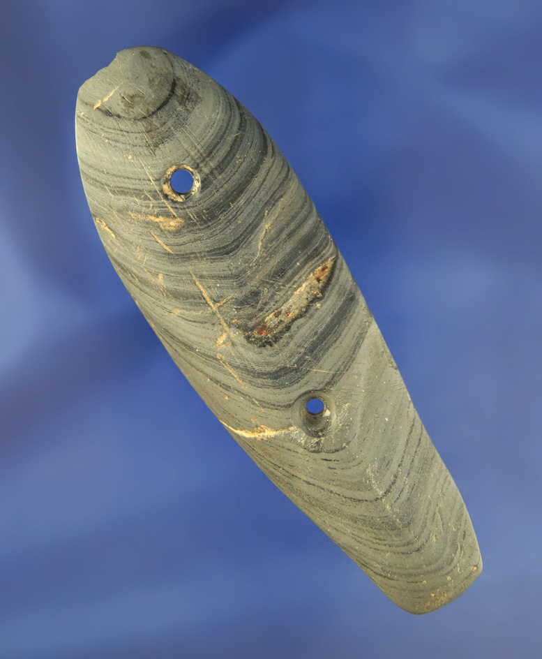 Uniquely shaped 4" banded slate Gorget found in Marion Co., Ohio.