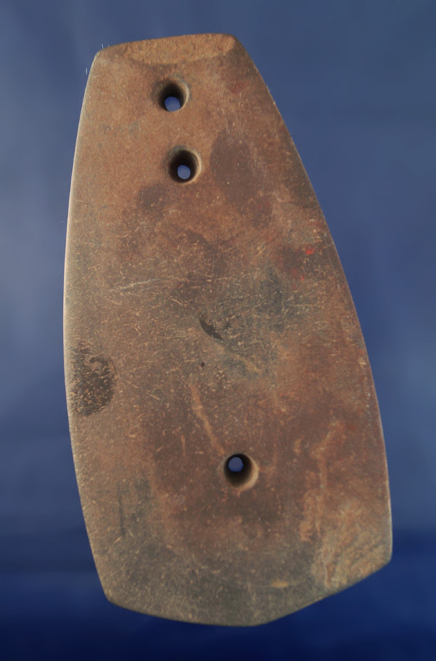Large and impressive! 6" three hole Gorget made from red slate found in Seneca Co., Ohio. Ex. Hovan
