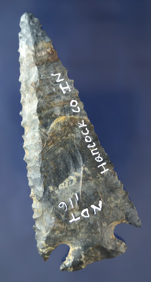 3 11/16" Coshocton Flint Notch Base Beveled Dovetail with restoration to tip and ear. Hancock Co., I