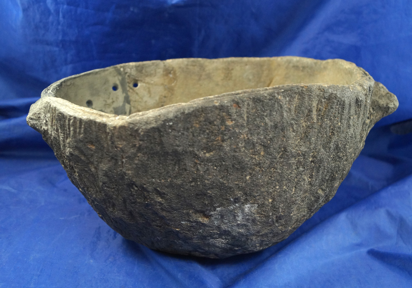 Large and impressive 11 1/2" wide handled Steatite Stone Bowl found in Alabama with  restoration
