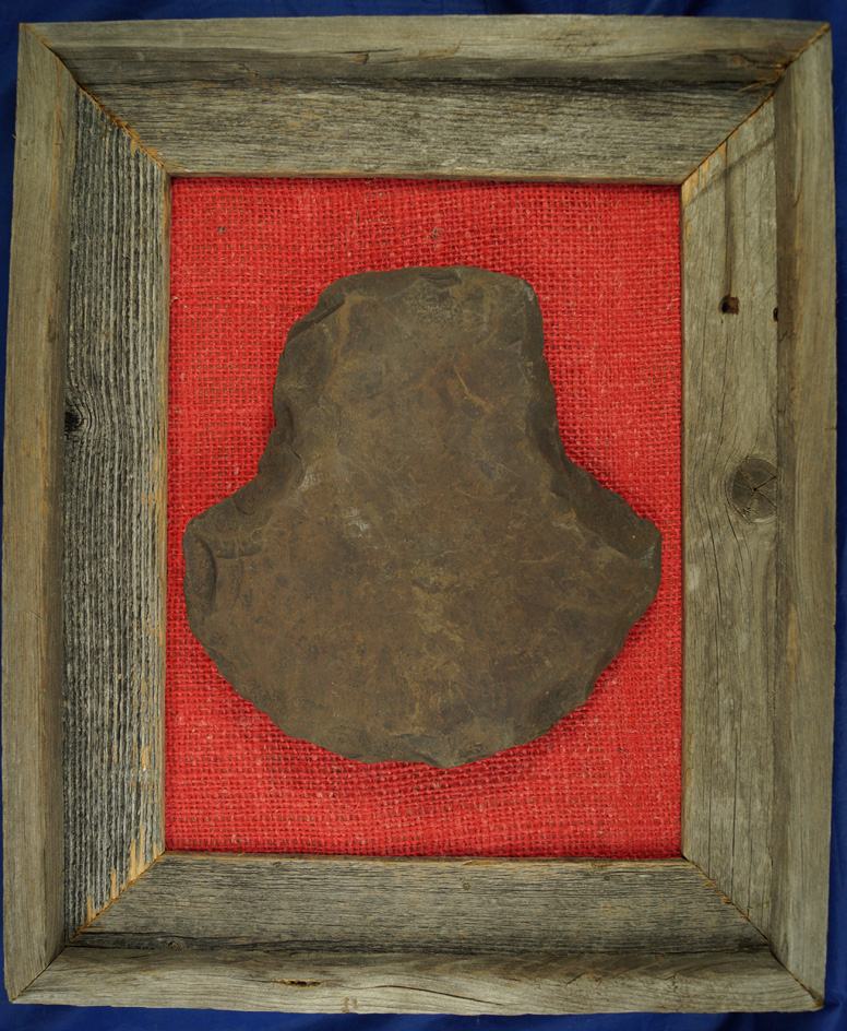 Large 6 5/8" tall well flaked stone Hoe found in Arkansas mounted in a barnwood frame.