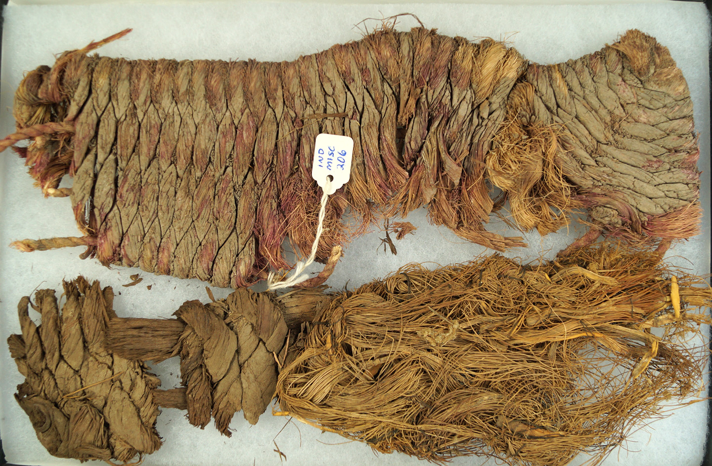 Set of three excellent examples of woven plant cordage deaccessioned by a museum. Largest is 11" lon