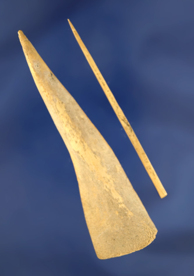 Pair of Bone Artifacts including a 3 3/4" awl in the very thin 3" needle found on the site in Kentuc