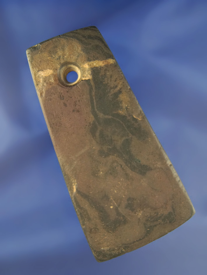 3 15/16" red banded slate Trapezoidal Pendant found in Mercer Co., Ohio. Ex. Jardine collection.