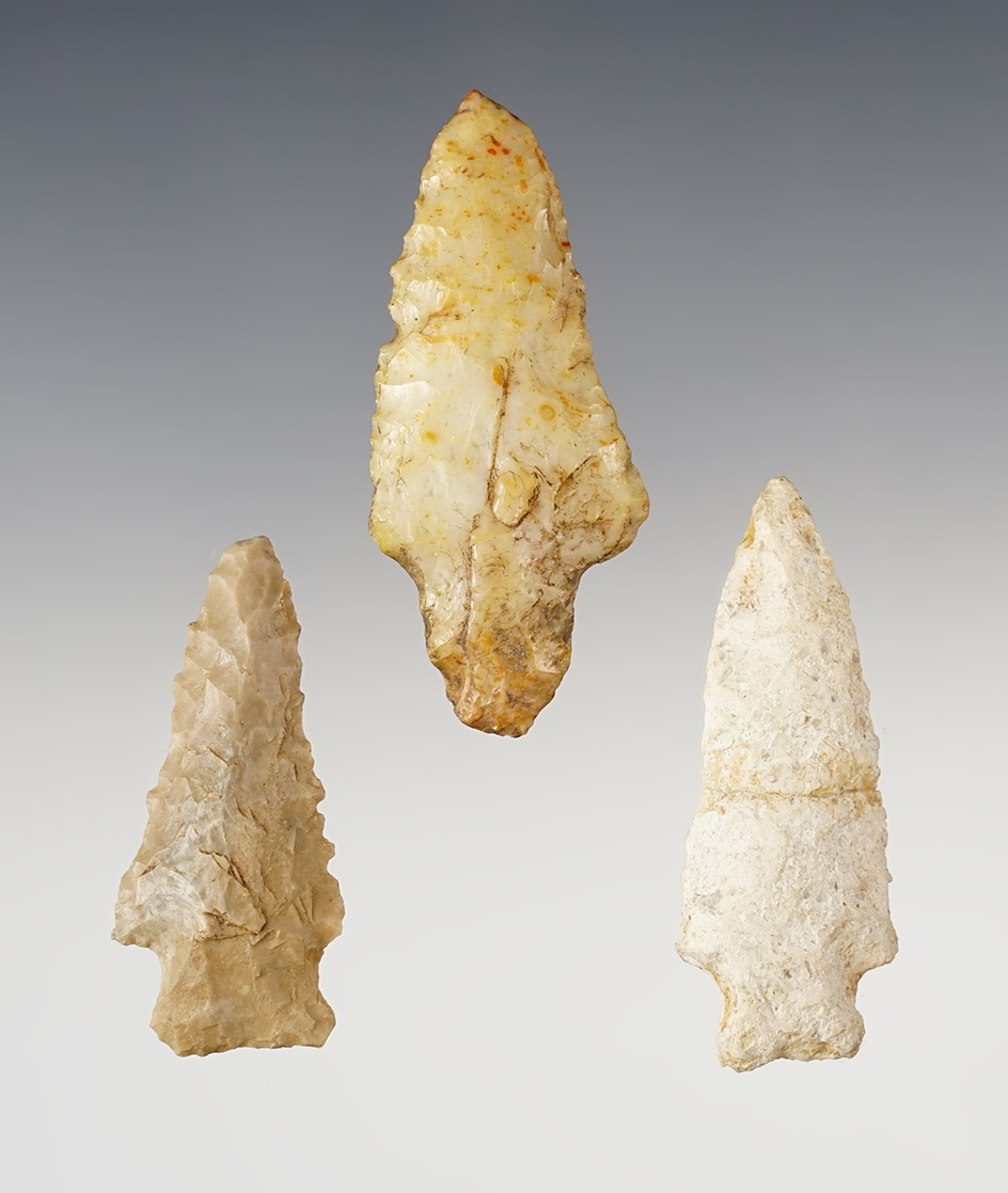 Set of 3 points found in Lamar Co., Colorado. One is broken & glued. The largest is 2 5/16". From the collection of Eric Wagner.  