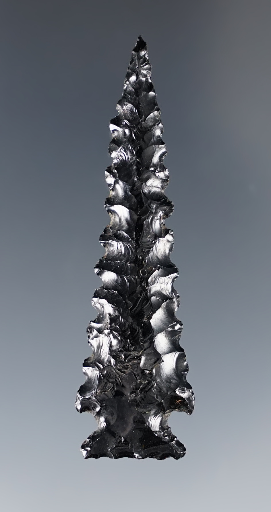 2 1/16" Cornernotch made from obsidian with exceptional serrations. Recovered in Oregon. 