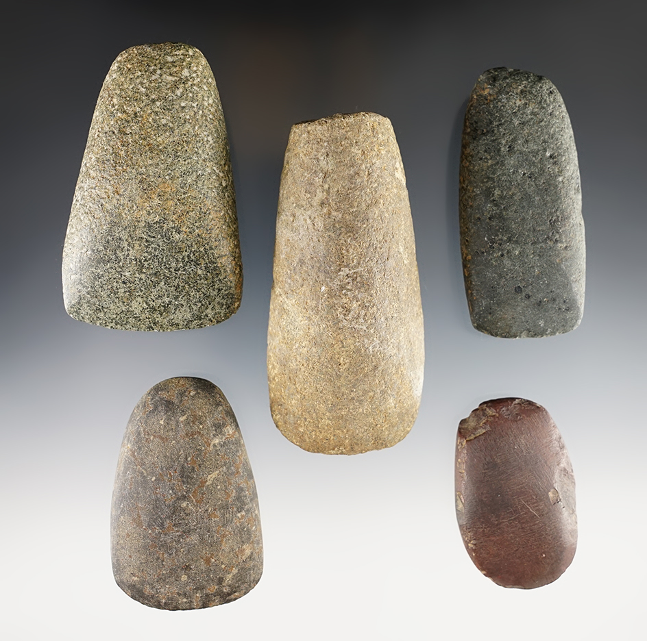 Nice set of five Woodland Celts and Adzes one of which is hematite. Largest is 3 1/2".