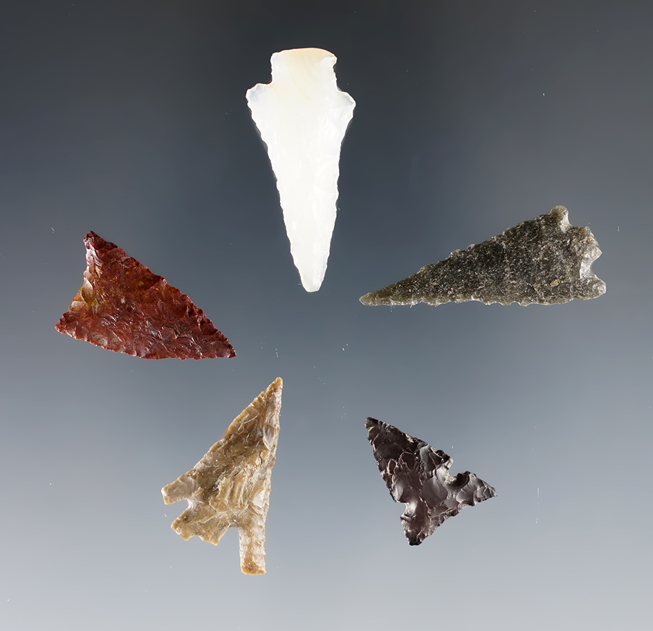 5 Columbia River arrowheads in nice condition.  Ex. Frank Wilkie Museum. 