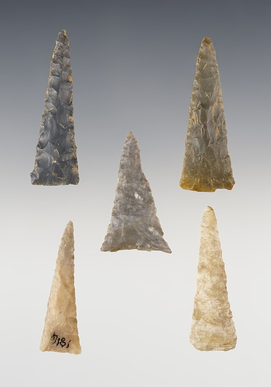 Set of 5 nice Triangles found in the Kentucky/Tennessee area. The largest is 2 1/16".