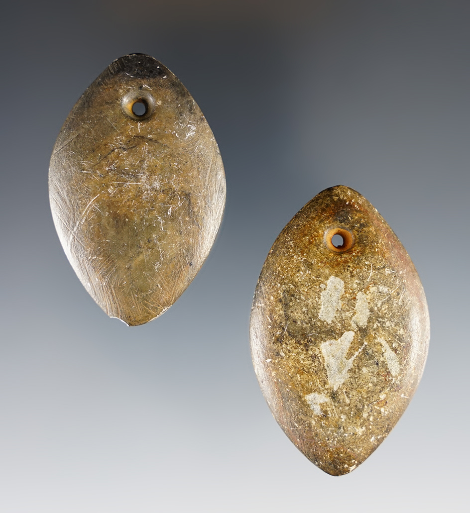 Pair of 2 1/8" drilled stone ornaments found together in Colusa Co., California. 